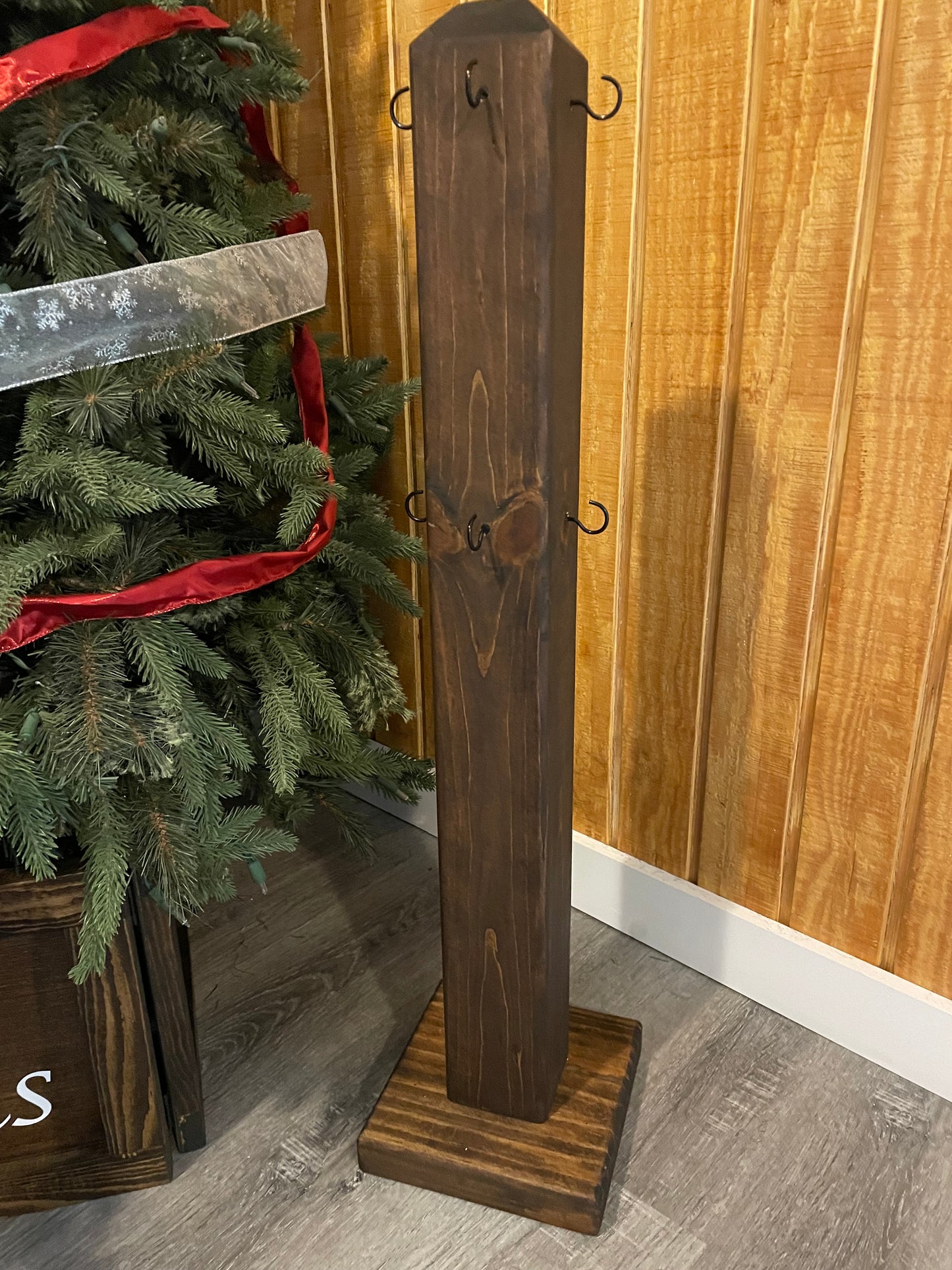 Farmhouse Stocking Holder Wood Post with hooks; Christmas Stocking Post with Hooks; Christmas Stocking Post; Rustic Christmas Decor