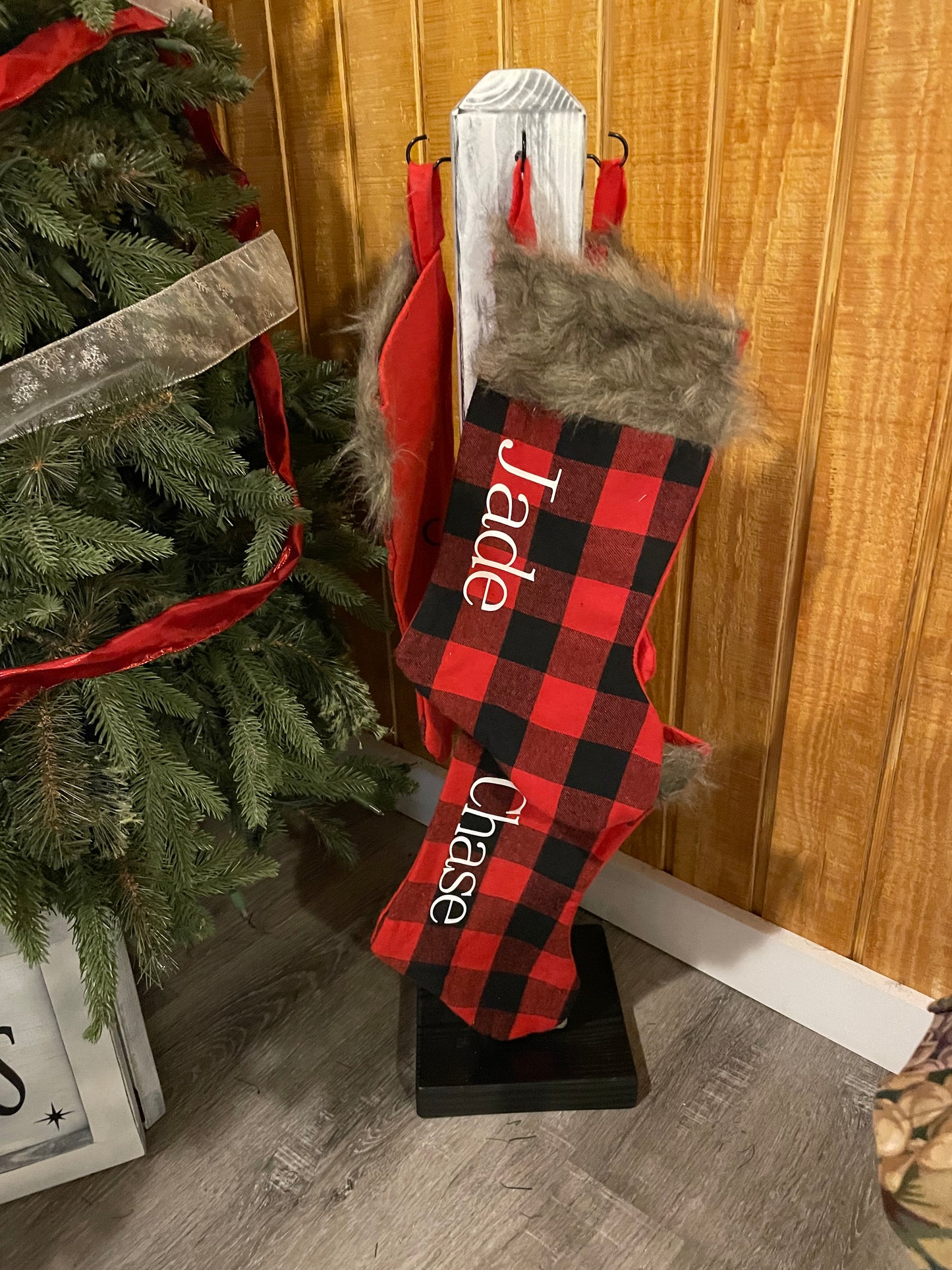 Farmhouse Stocking Holder Wood Post with hooks; Christmas Stocking Post with Hooks; Christmas Stocking Post; Rustic Christmas Decor