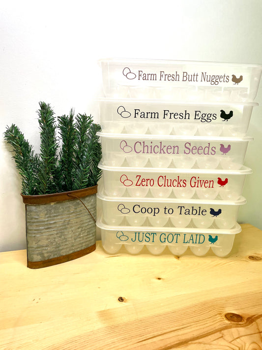 Reusable Humor Rectangular "Eco Friendly" Stack-able Plastic Egg Storage Carton Container With Lid, Kitchen Decor, Farmhouse Decor