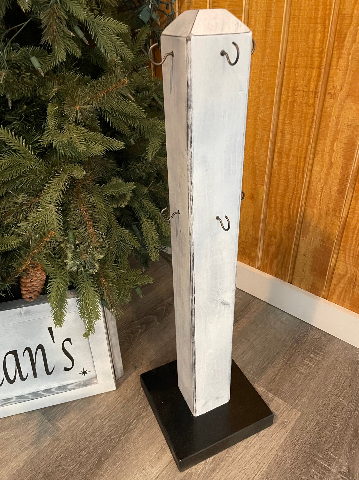 Farmhouse Stocking Holder Wood Post with hooks; Christmas Stocking Post with Hooks; Christmas Stocking Post; Rustic Christmas Decor