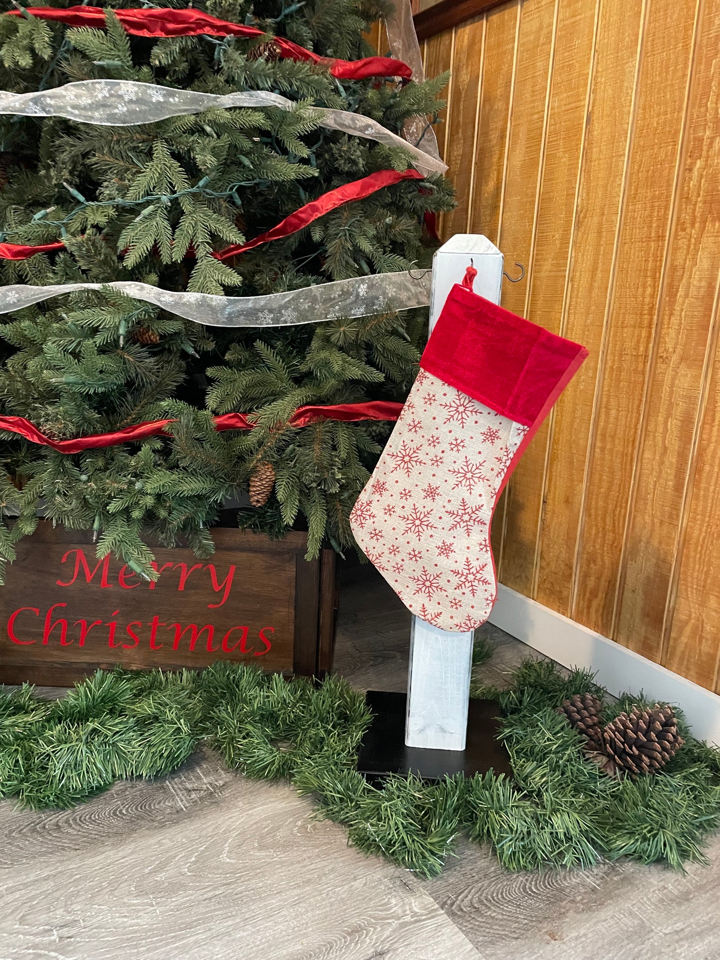 Farmhouse Stocking Holder Wood Post with hooks; Christmas Stocking Post with Hooks; Christmas Stocking Post; Rustic Christmas Decor