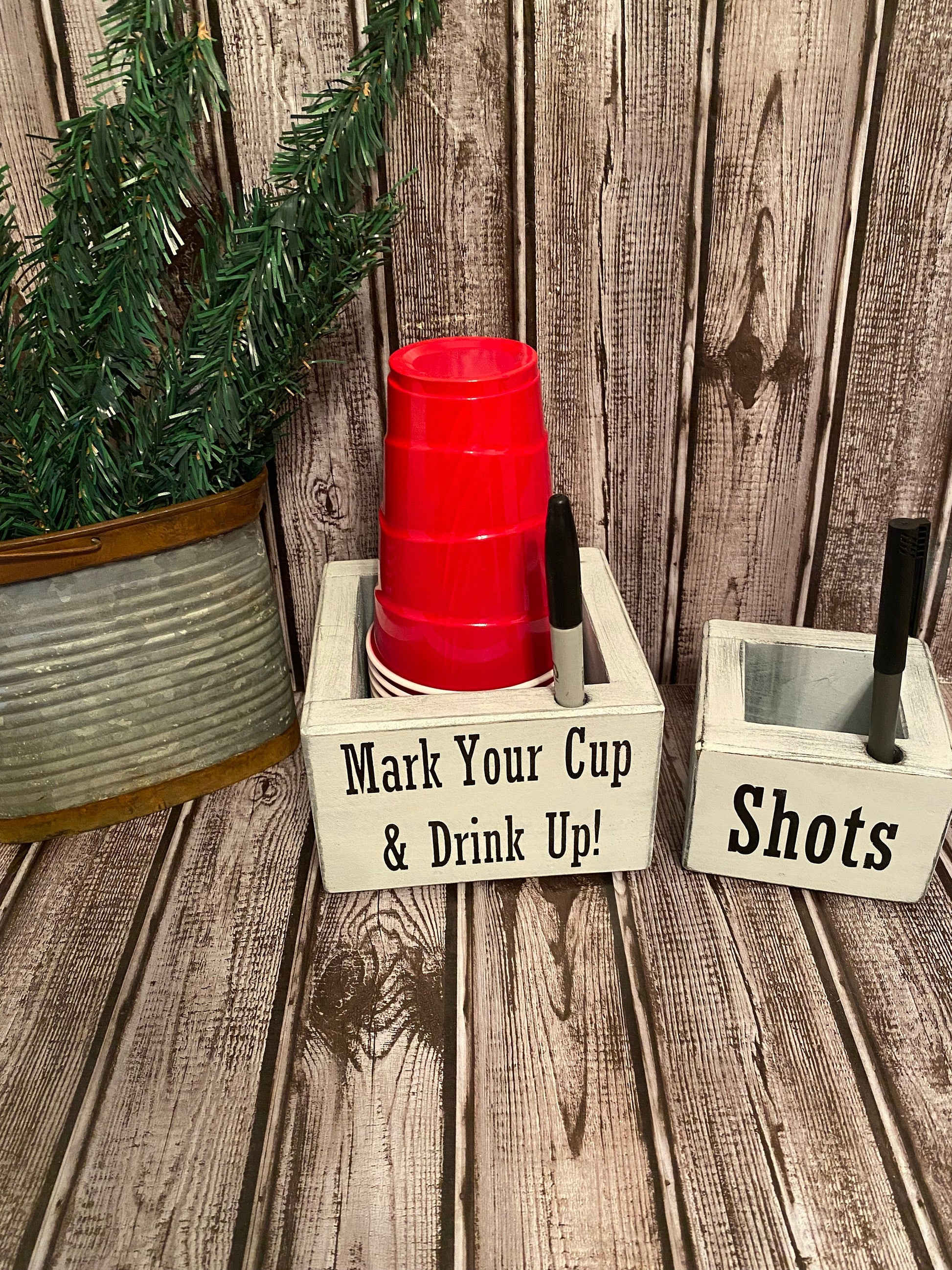 Double Brown Solo Disposable Cup Holder Drink Caddy Party Cup Holder  Dispenser Wooden Organizer Storage Marker Holder Mark Your Cup and Drink Up  Rustic Farmhouse Bar Party Decor 